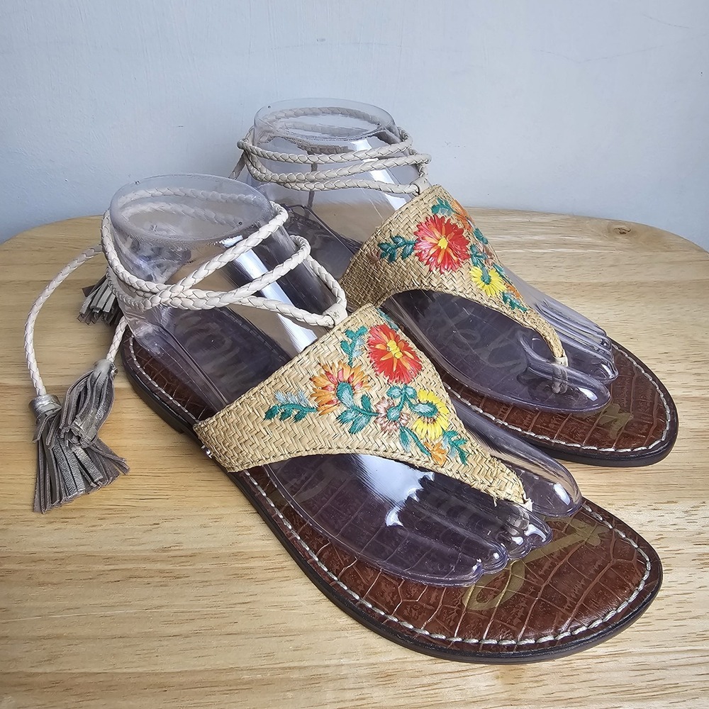 Sam Edelman Geri 3 Rafia Floral Embroidered Ankle Wrap Sandals W/ Tassels Sz 8.5